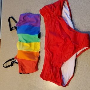Rainbow tanking with red ruched bottoms
